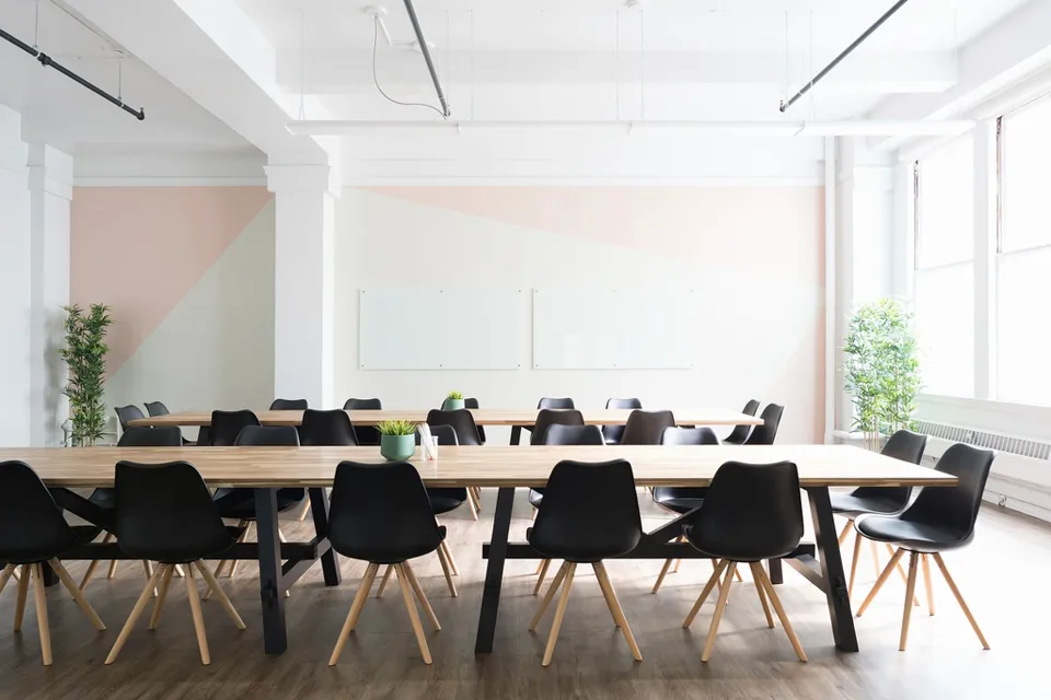 Empty bright workspace with long wooden tables and black shell chairs, whiteboards on a pale pink wall and potted bamboo by the windows